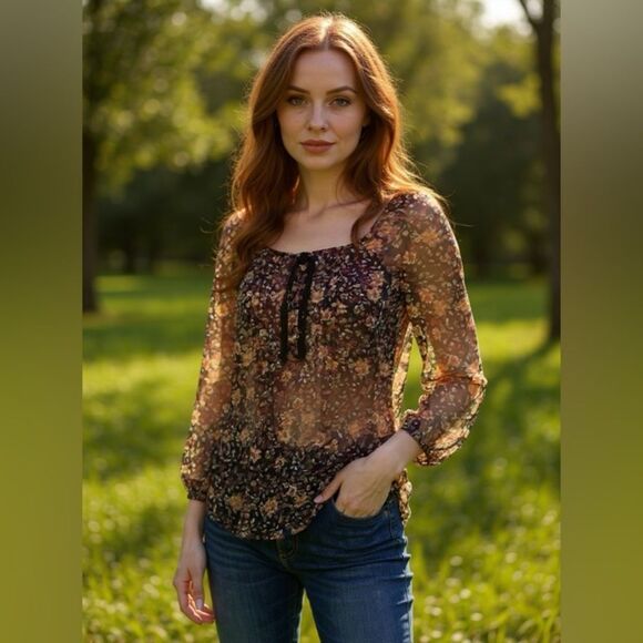 Pink Rose Tops - Pink Rose Rayon Brown Floral Long Sleeve Top. Size Medium